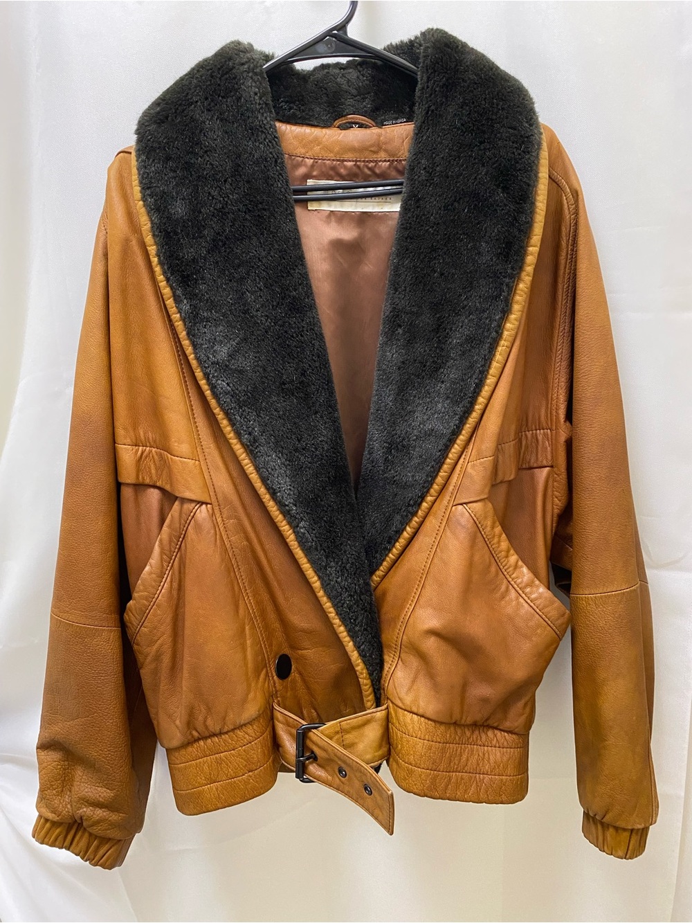 Men's Cognac Leather Jacket with Black Shearling Collar